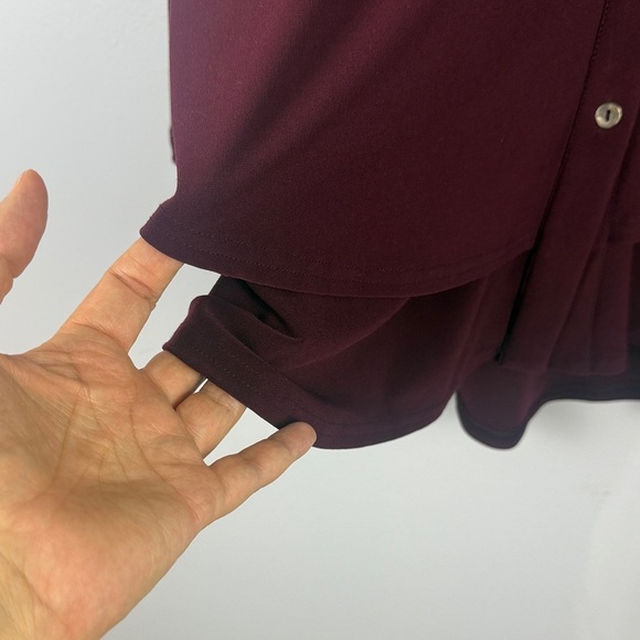 Sympli Deep Burgundy Flowy Fit Button Down Layered Hem Long Sleeve Blouse Size 4 - Picture 6 of 11